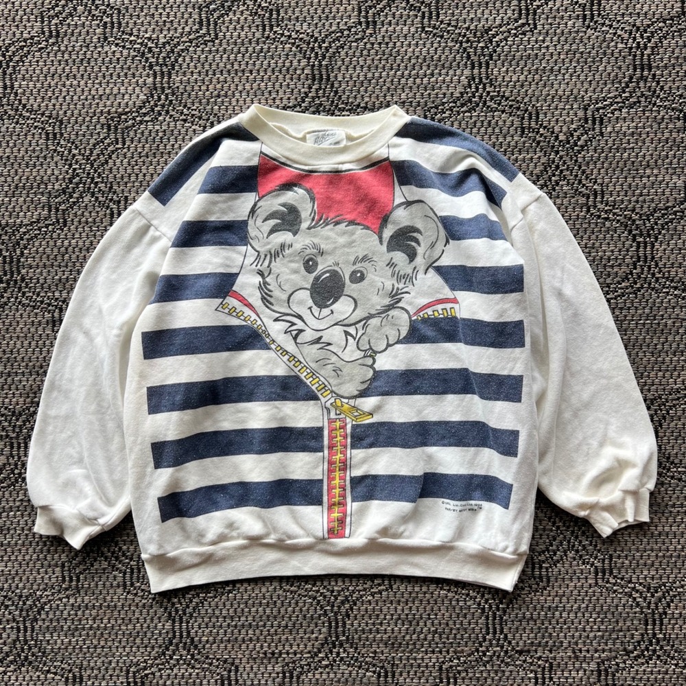 Vintage Koala Sweatshirt Womens Medium White Blue Striped Nature Mariposa 80s